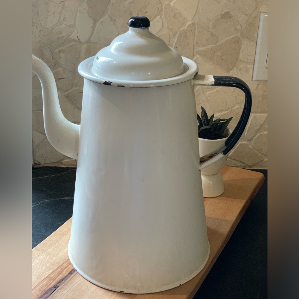 VINTAGE ENAMELWARE | Coffee Pot | White with Black Trim